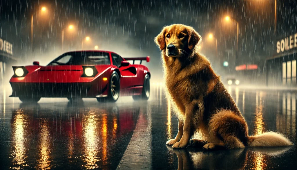 DALL·E 2025 02 18 23.21.43 A dramatic scene from The Art of Racing in the Rain featuring a golden retriever sitting beside a red sports car on a rainy road. The dog looks wise