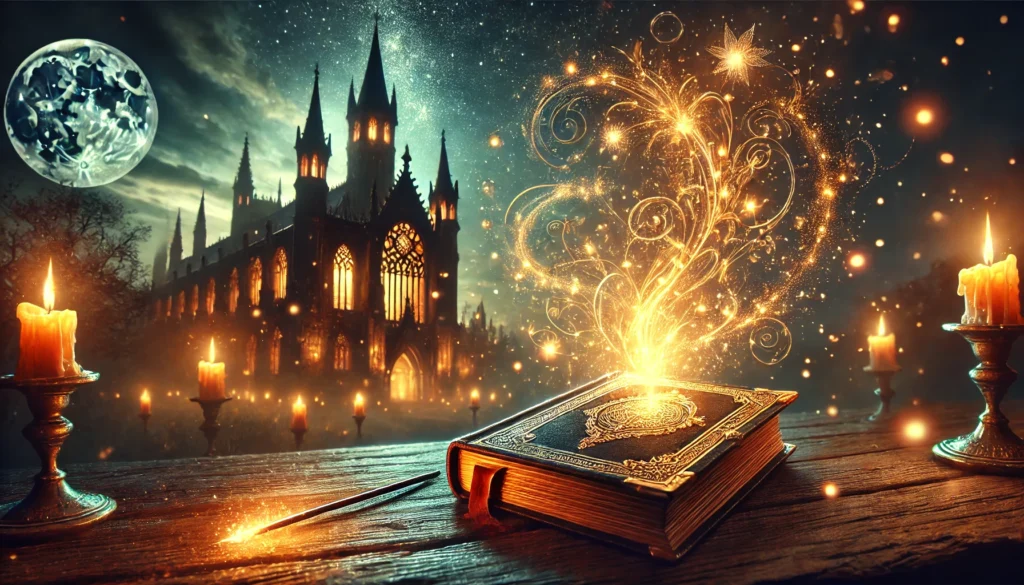 DALL·E 2025 02 24 16.28.06 A magical scene featuring an ancient enchanted book levitating in mid air surrounded by glowing golden light and swirling mystical energy. A wizards